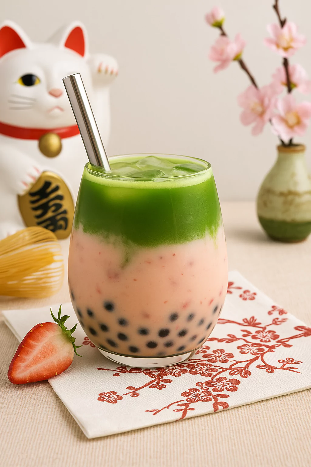 Strawberry Matcha Boba ストロベリー抹茶タピオカ