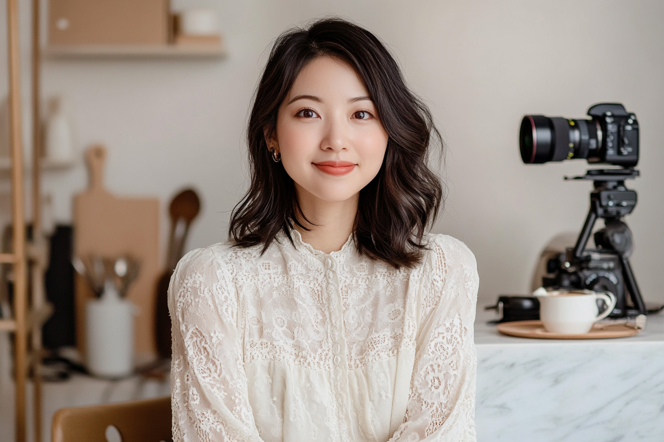 Hana in her cozy kitchen, smiling at the camera