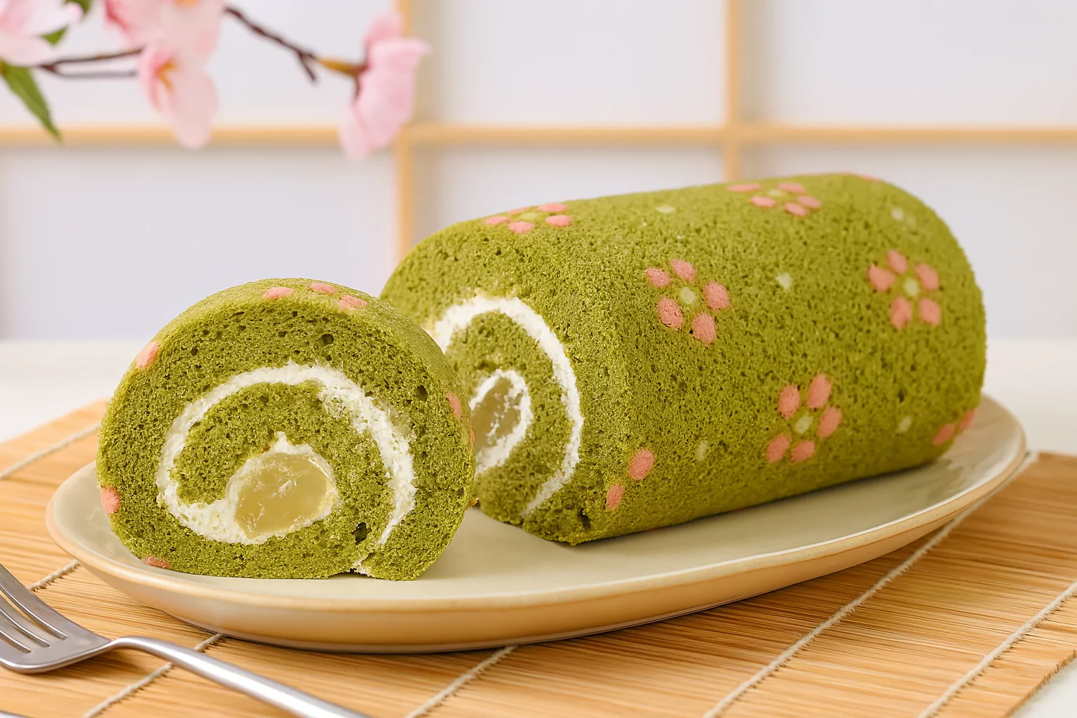 Matcha Roll Cake with Mochi