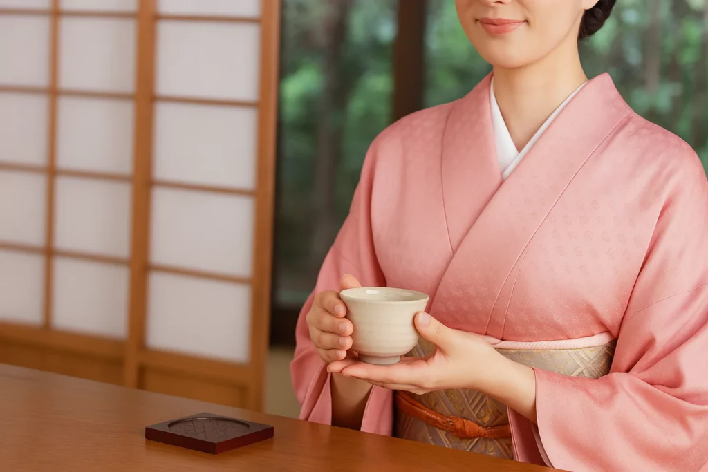 A person enjoying a cup of hojicha tea in a relaxing setting