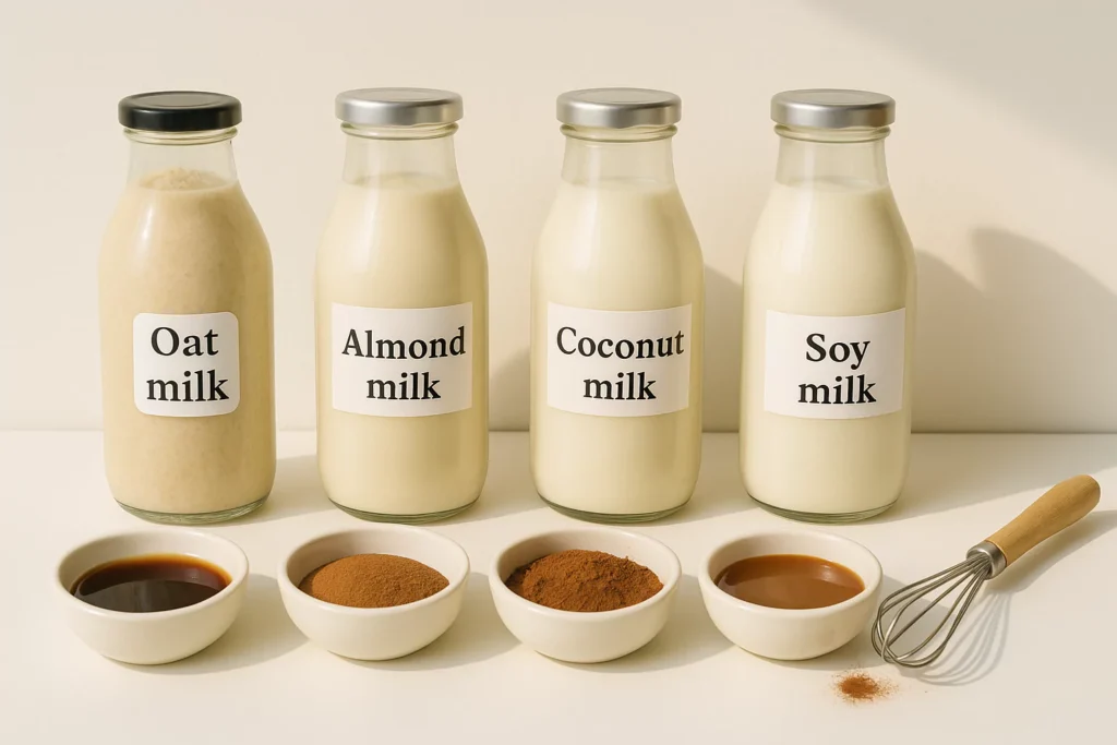Various milk alternatives for hojicha latte arranged with hojicha powder