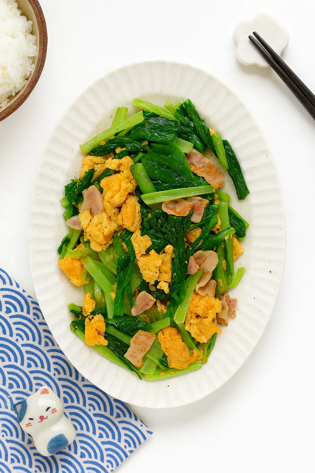 Komatsuna, bacon and egg stir fry 小松菜とベーコンのたまご炒め