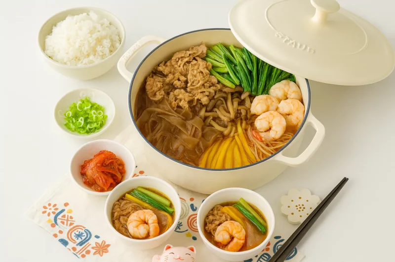 Stewed glass noodles with plenty of vegetables in spicy soup