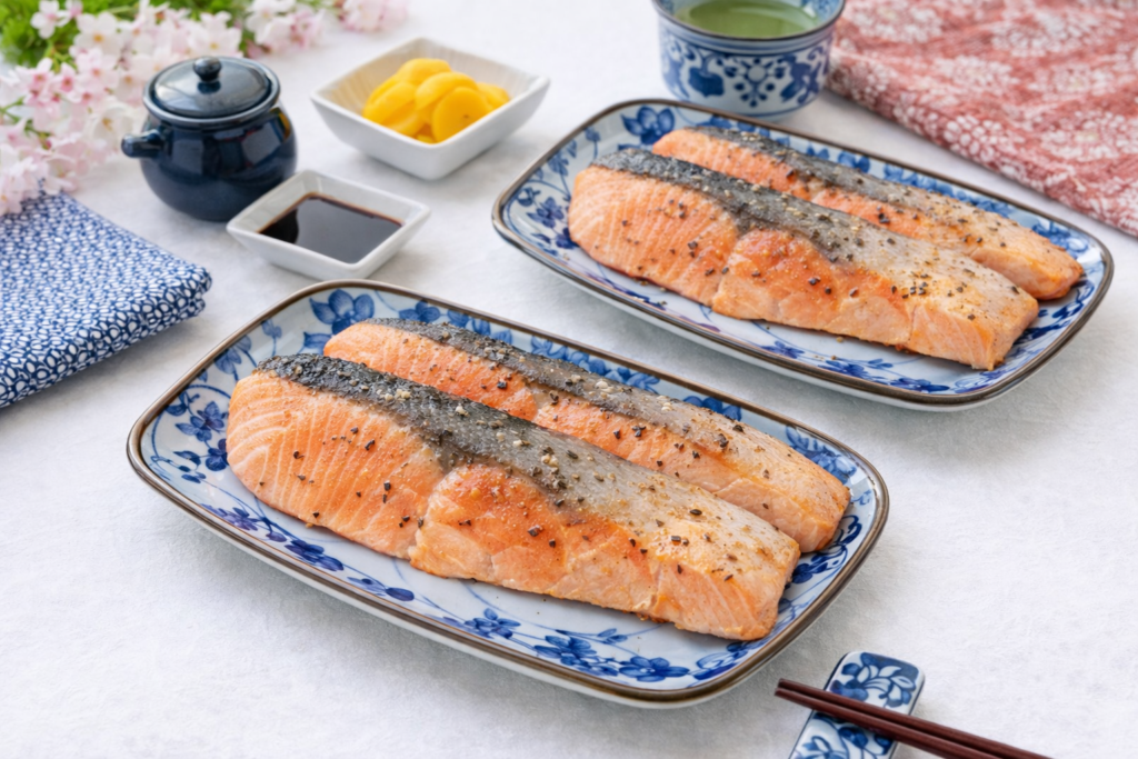 Grilled salmon served in Japanese style