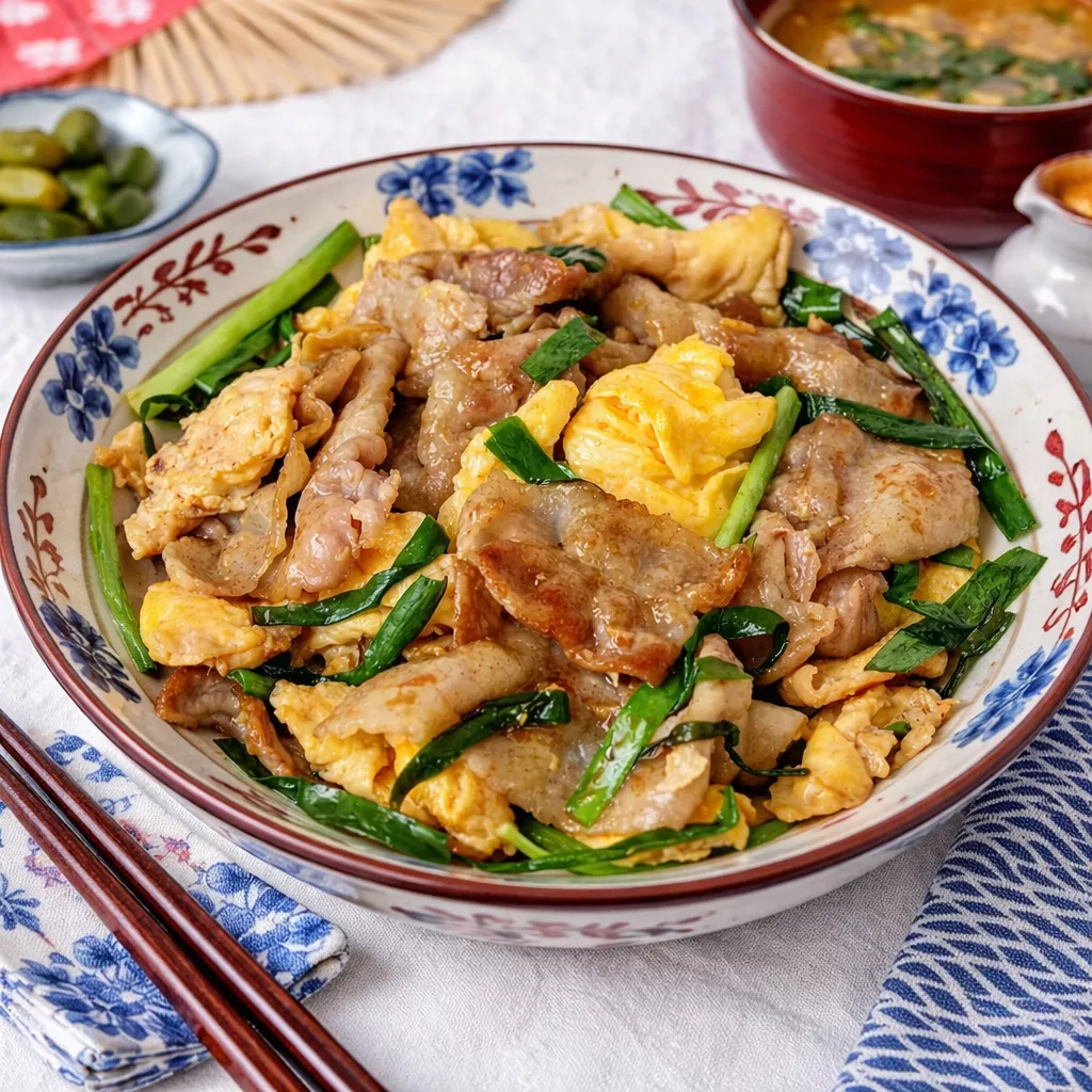 Stir-fried pork with chives 豚肉とチャイブの炒め物 Stir-fried pork with chives 豚肉とチャイブの炒め物