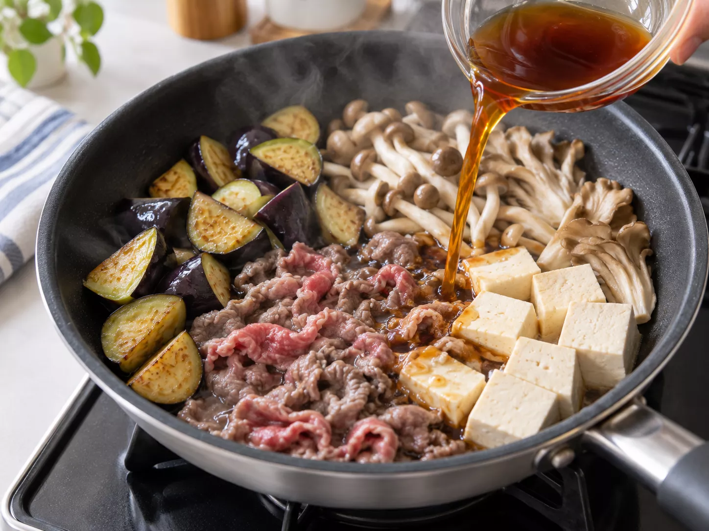 Add the Beef, Tofu, and Mushrooms Beef and Autumn Eggplant Sukiyaki-Style Stew