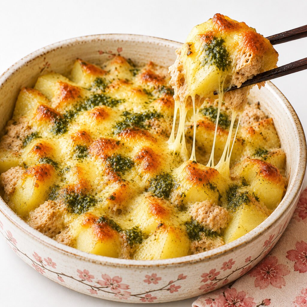 Basil and cheese baked potatoes and tuna