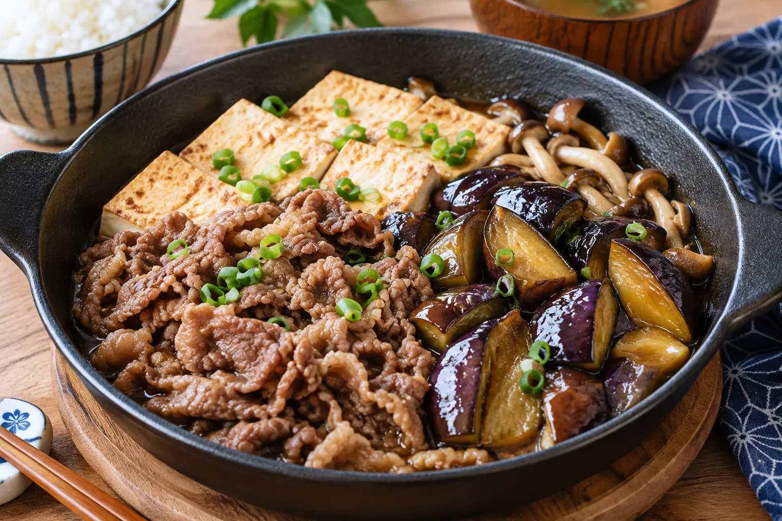 Beef and Autumn Eggplant Sukiyaki-Style Stew 牛肉と秋なすときのこのすき焼き風煮 Beef and Autumn Eggplant Sukiyaki-Style Stew