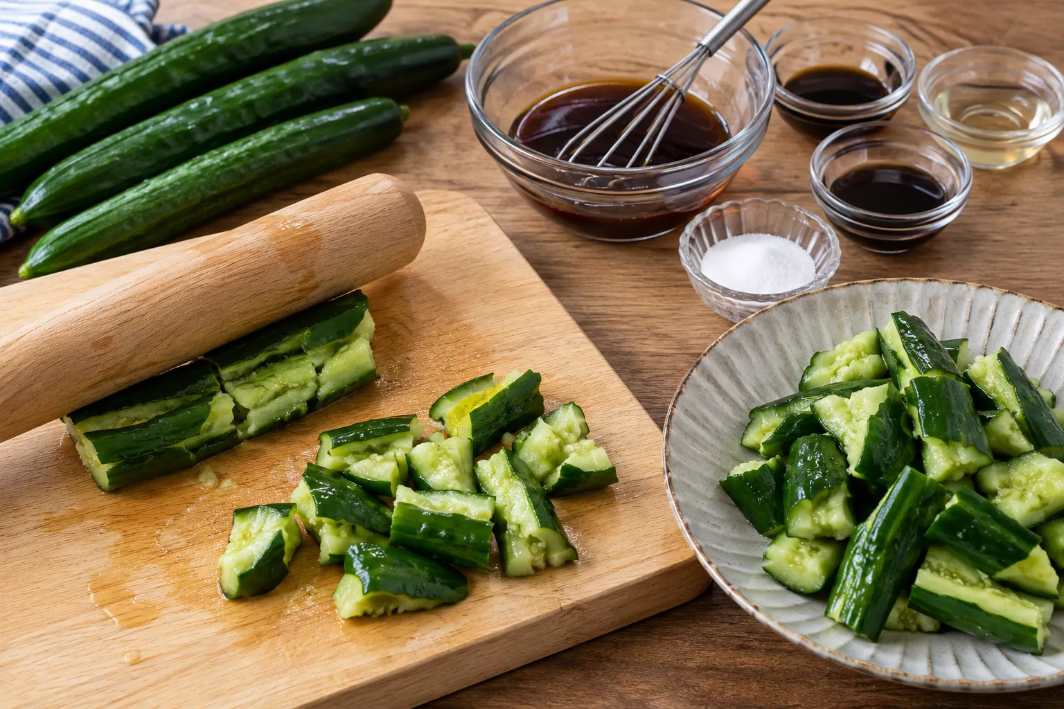 Prepare the Cucumbers and Sauce Meat Miso Cucumber Salad