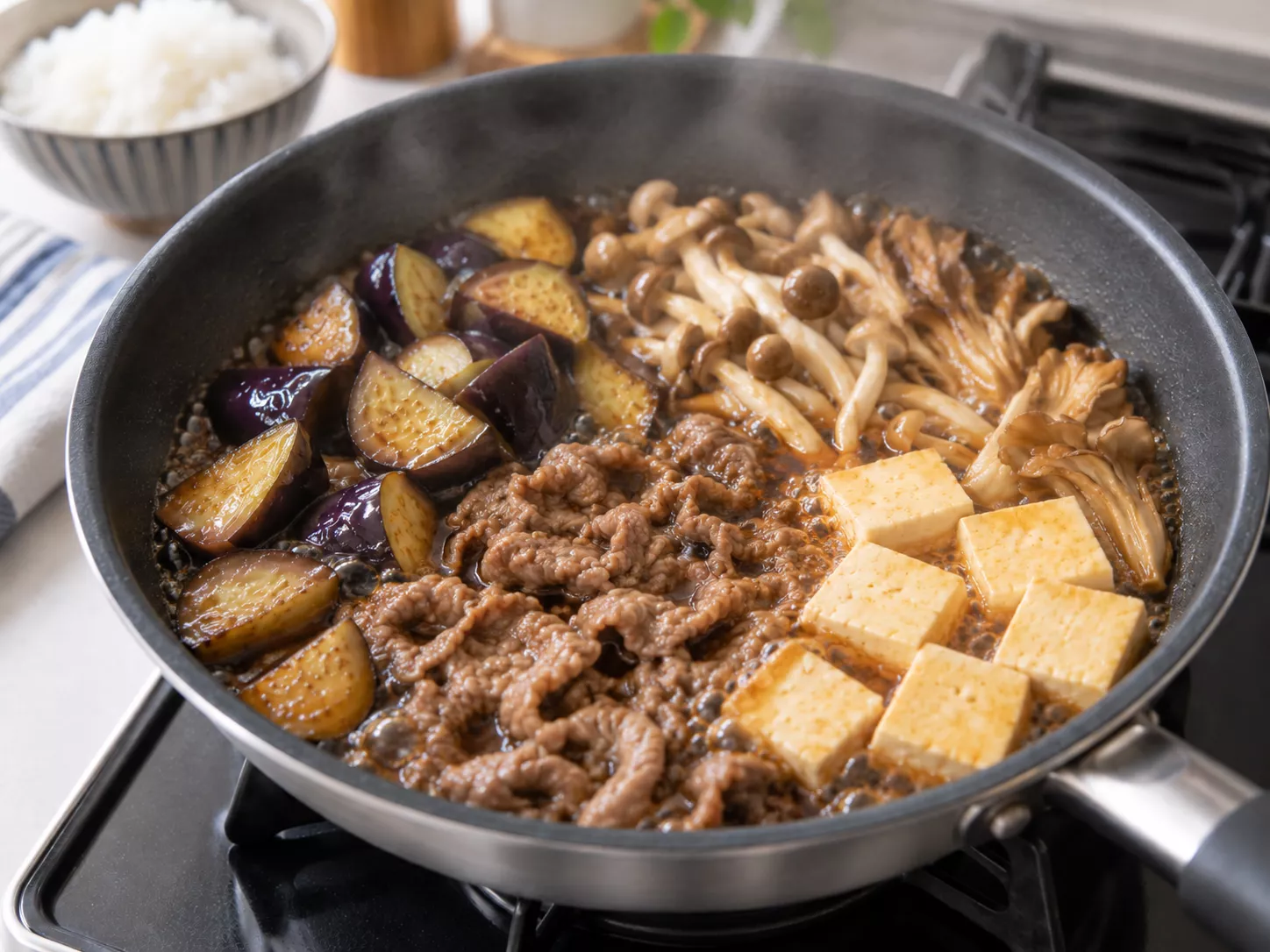 Simmer and Finish Beef and Autumn Eggplant Sukiyaki-Style Stew