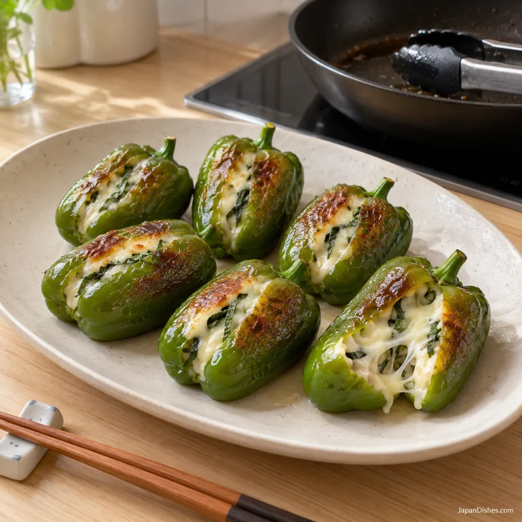 Japanese cheese-stuffed green piman with shiso on an ivory plate