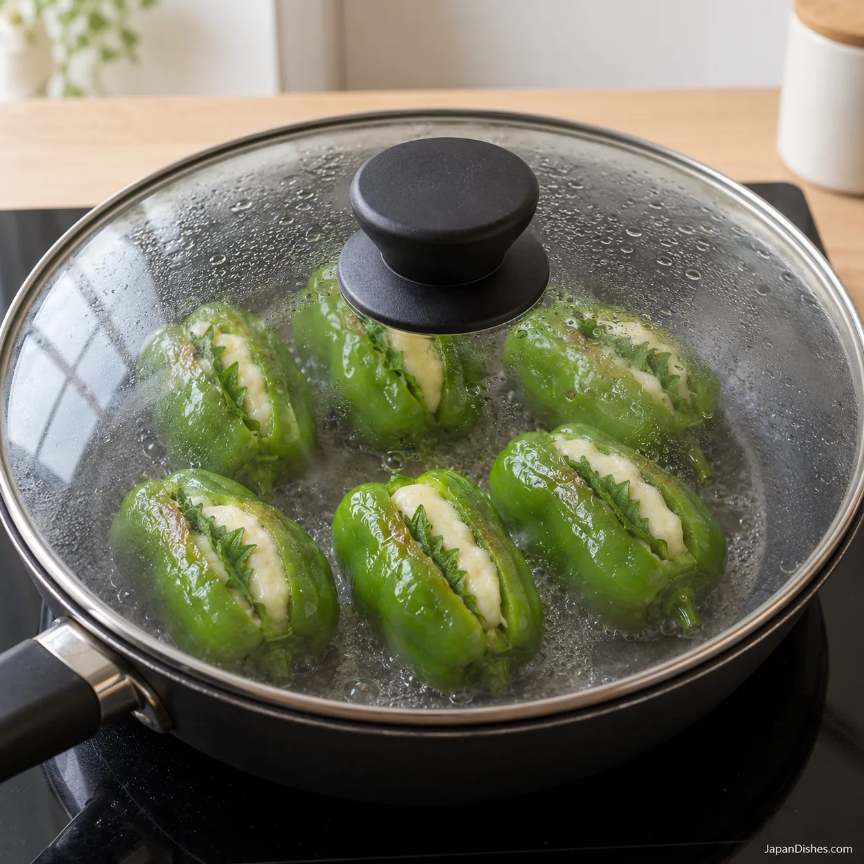 Cheese-stuffed piman steaming under a glass lid