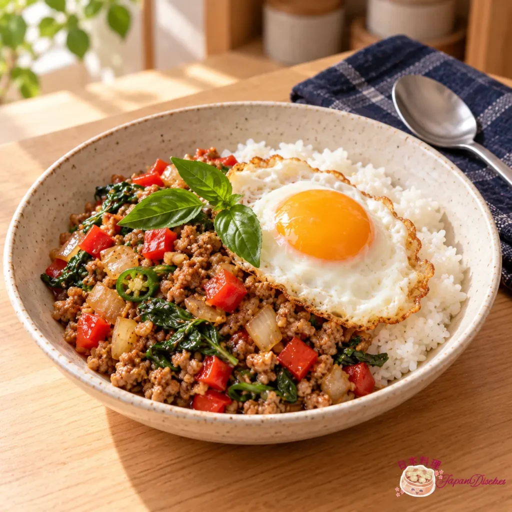 Gapao rice bowl with basil pork, red pepper, onion and a fried egg over Japanese rice