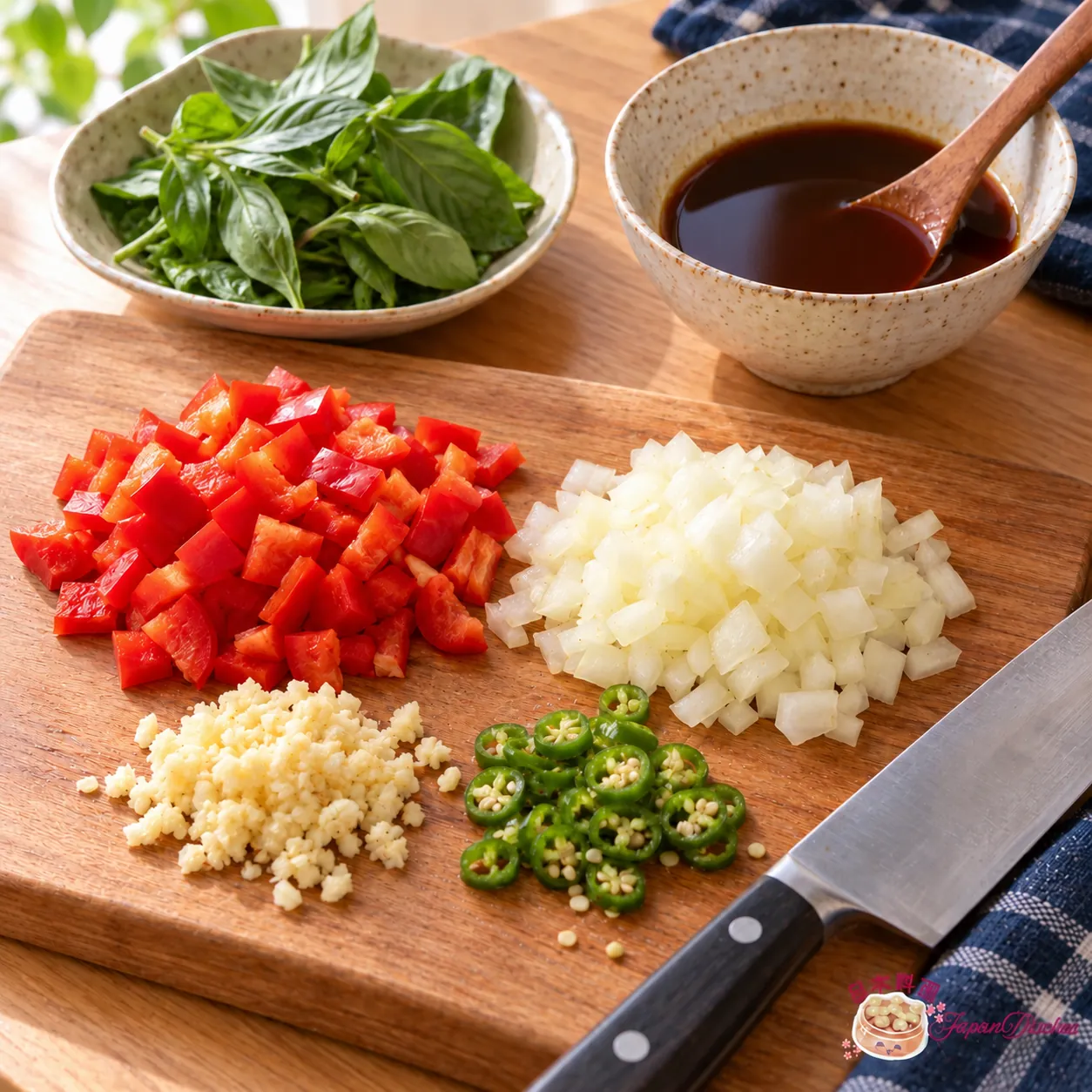 Gapao rice preparation with diced red pepper, onion, garlic, green chili, basil and mixed sauce