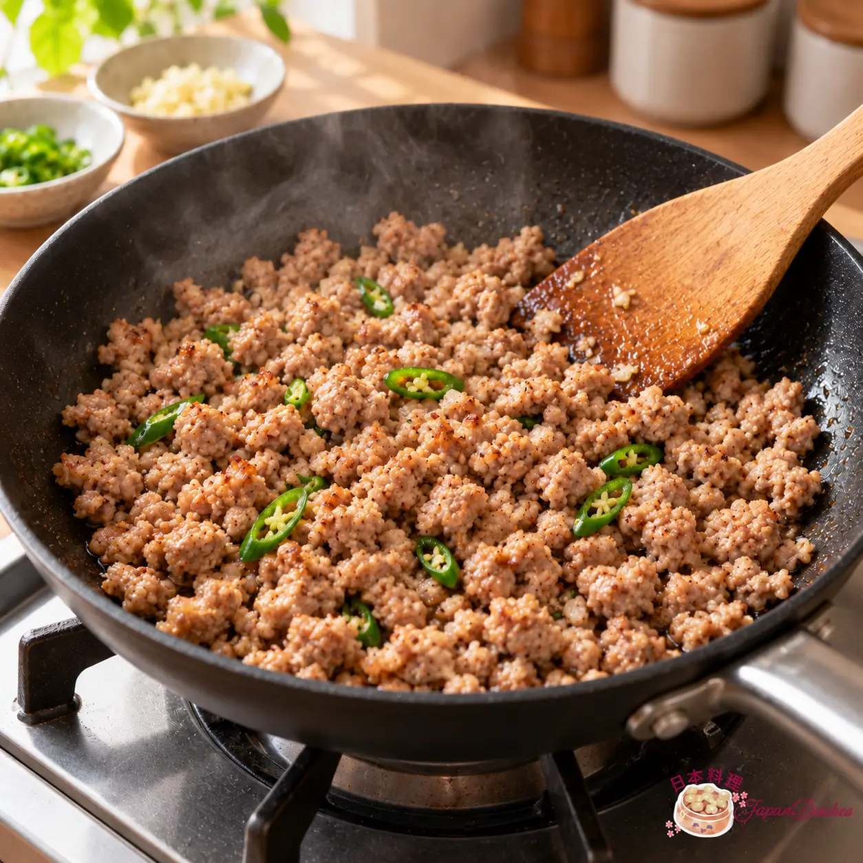 Gapao rice step with browned pork crumbles, garlic and sliced green chili in a black frying pan
