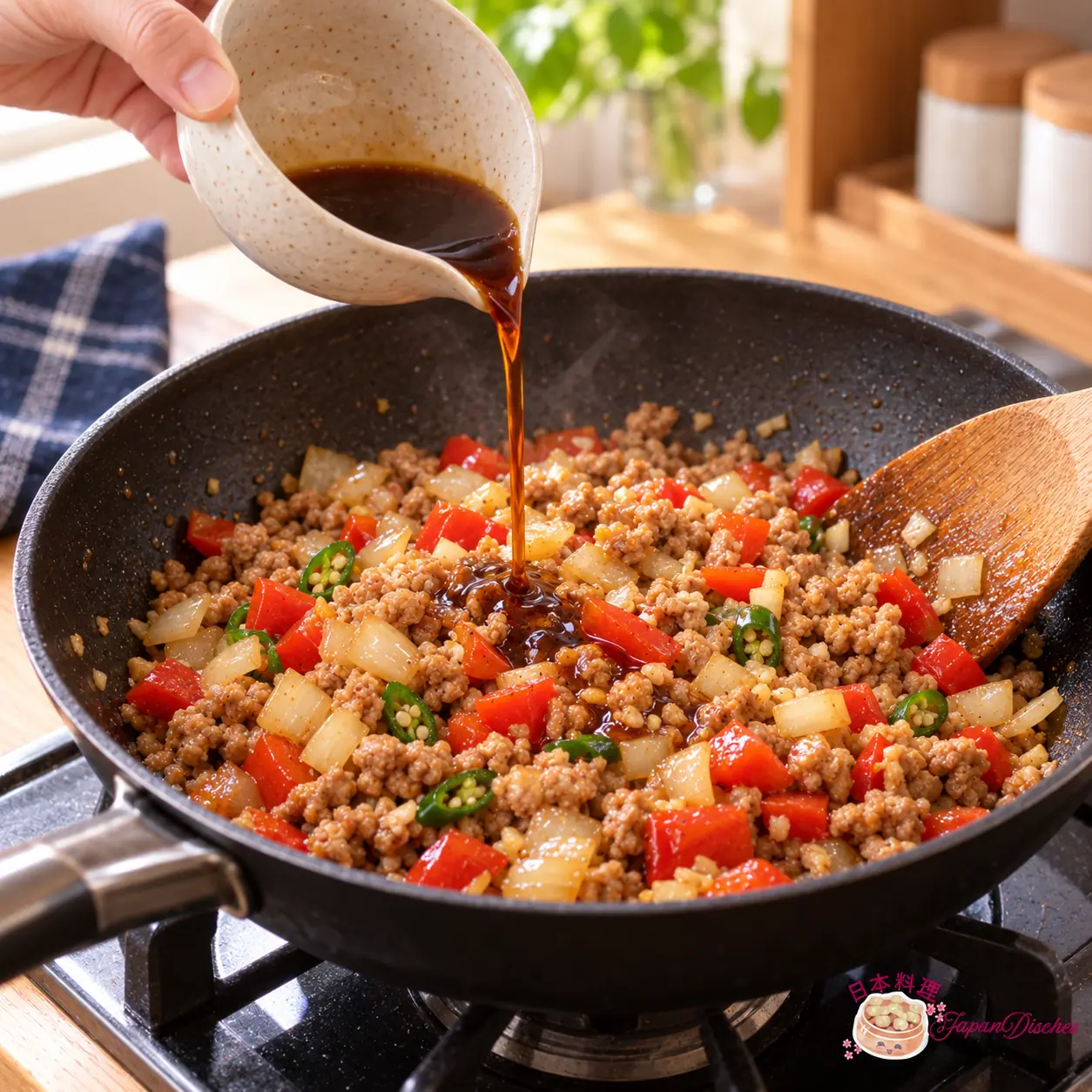 Pouring Gapao rice sauce into cooked pork with diced red pepper and softened onion