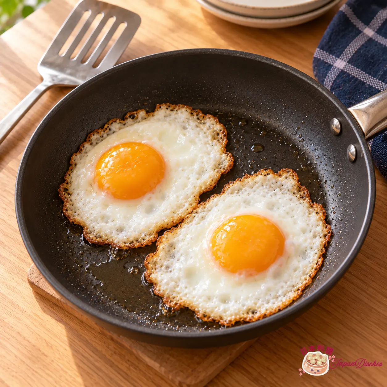 Two fried eggs with set whites and golden edges for Gapao rice in a separate frying pan