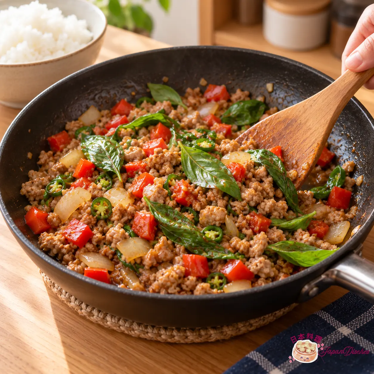 Folding fresh basil into glazed Gapao rice pork with red pepper and onion off the heat