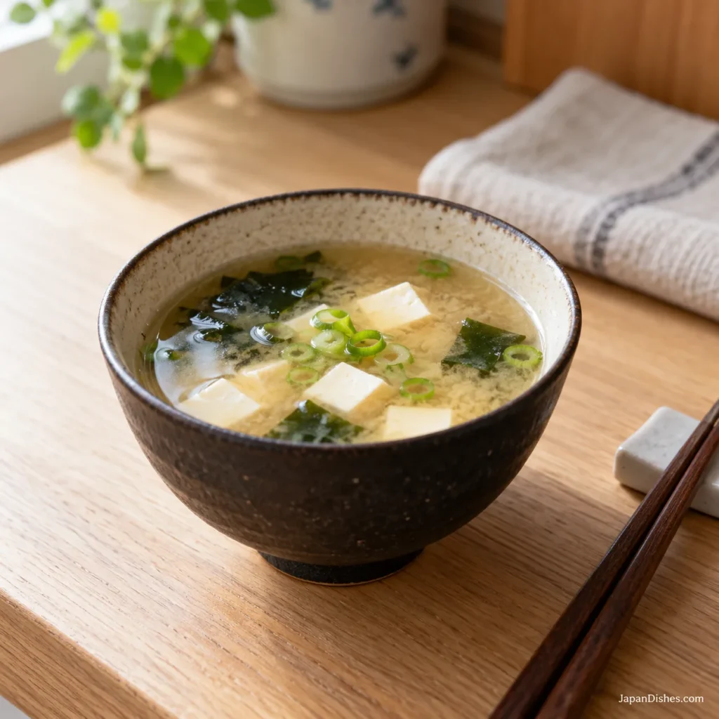 Homemade miso soup with tofu, wakame and scallion in a Japanese ceramic bowl