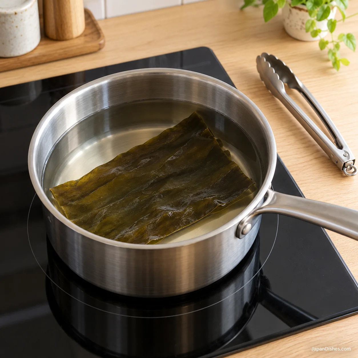Kombu steeping in clear water in a saucepan before the water boils