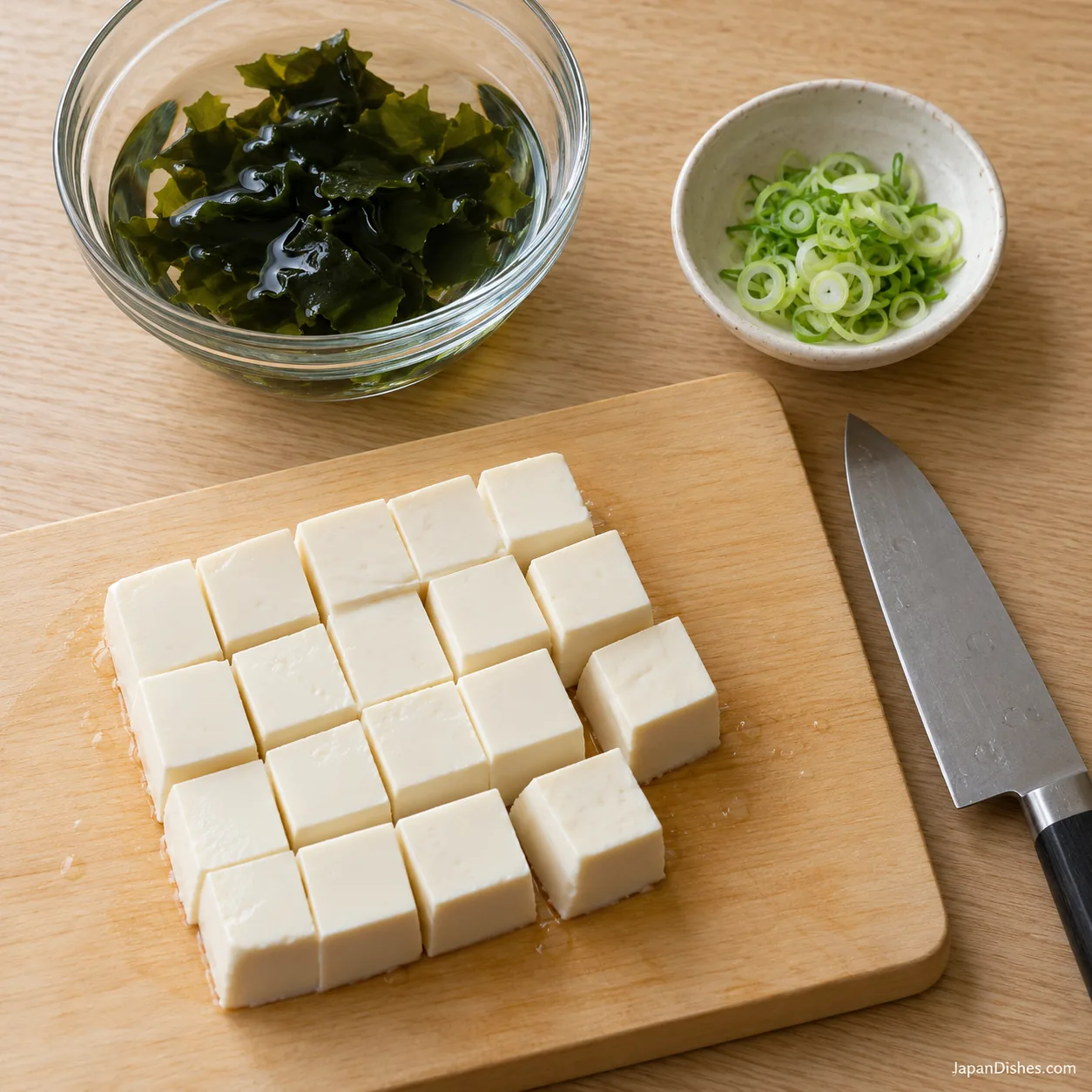 Cubed silken tofu, soaked wakame and thinly sliced scallion ready for miso soup