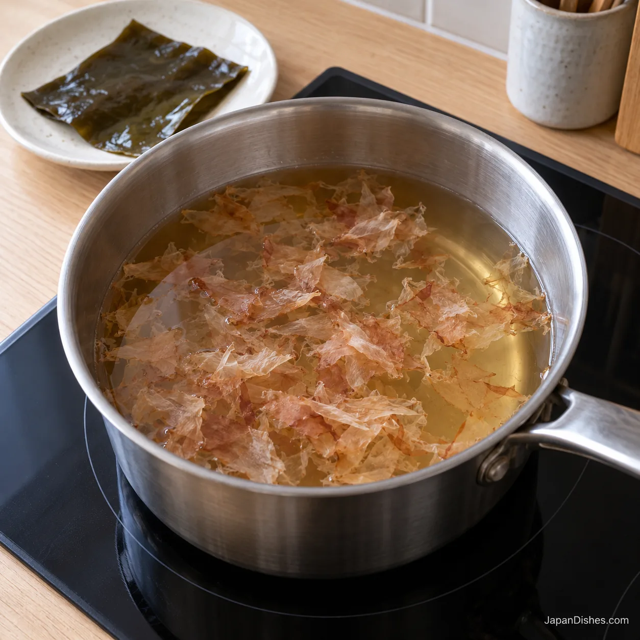 Bonito flakes steeping in hot dashi with the kombu removed