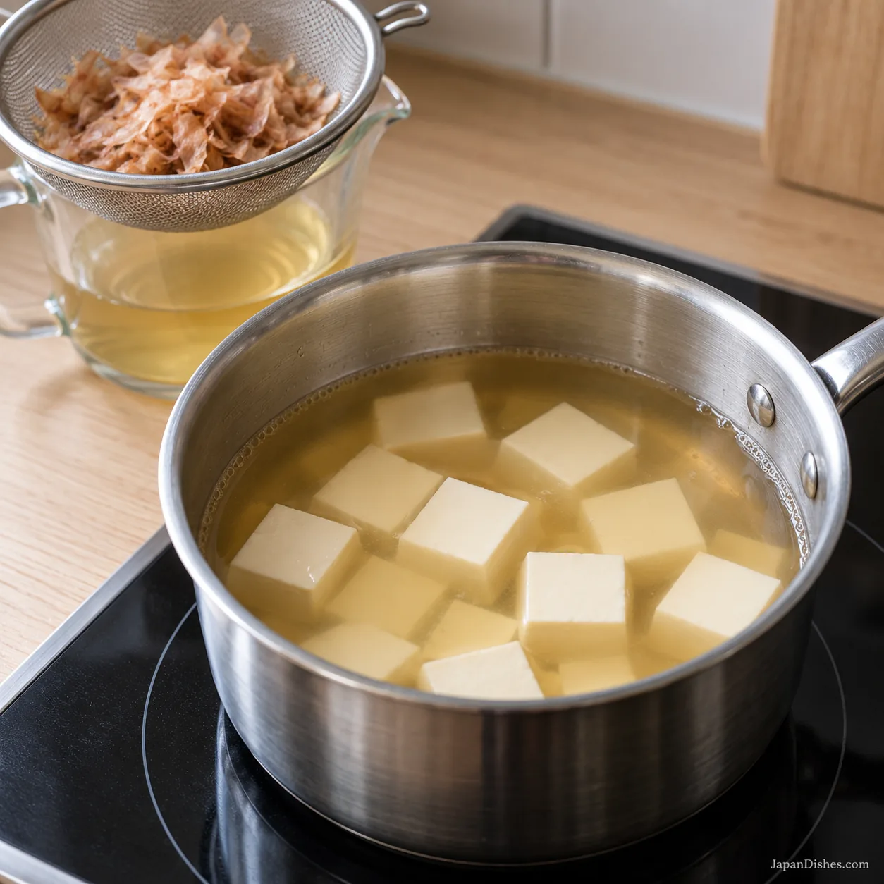 Silken tofu warming in strained golden dashi beside a sieve of used bonito flakes