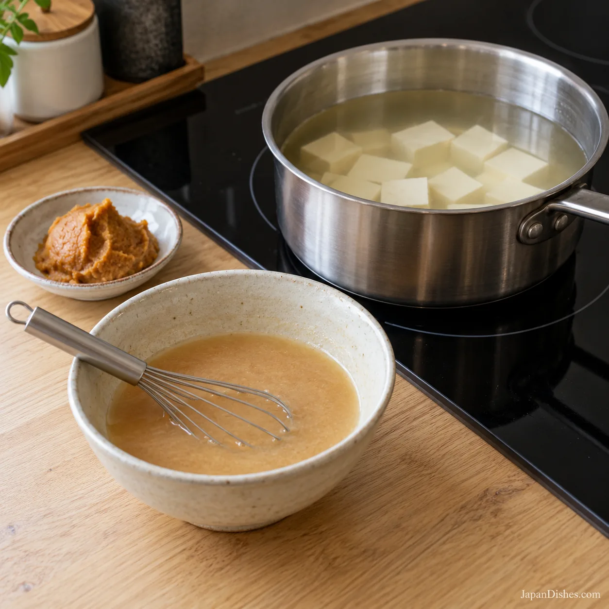 Miso mixed with hot dashi in a small bowl before adding it to the soup