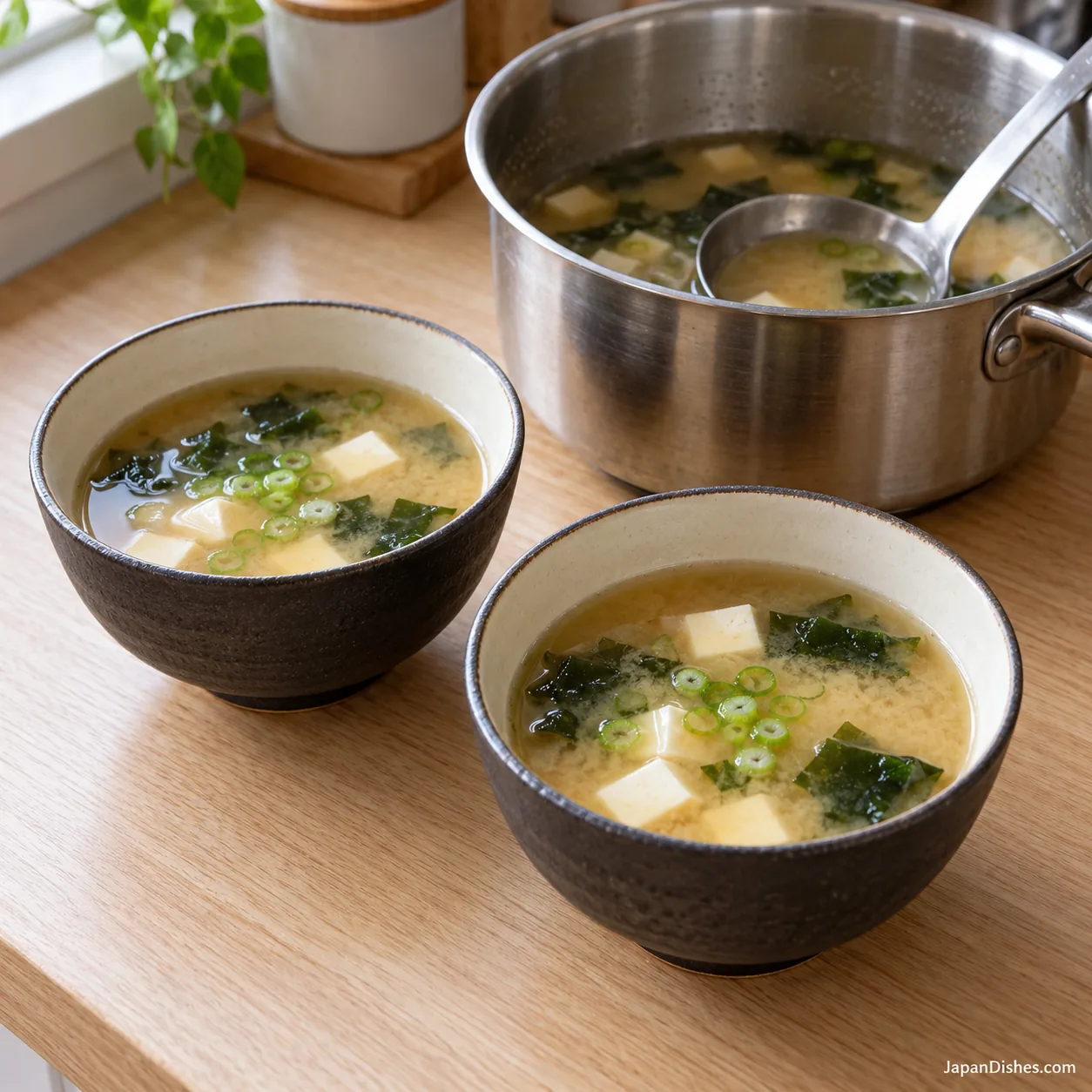 Finished miso soup with tofu, wakame and scallion divided into ceramic bowls