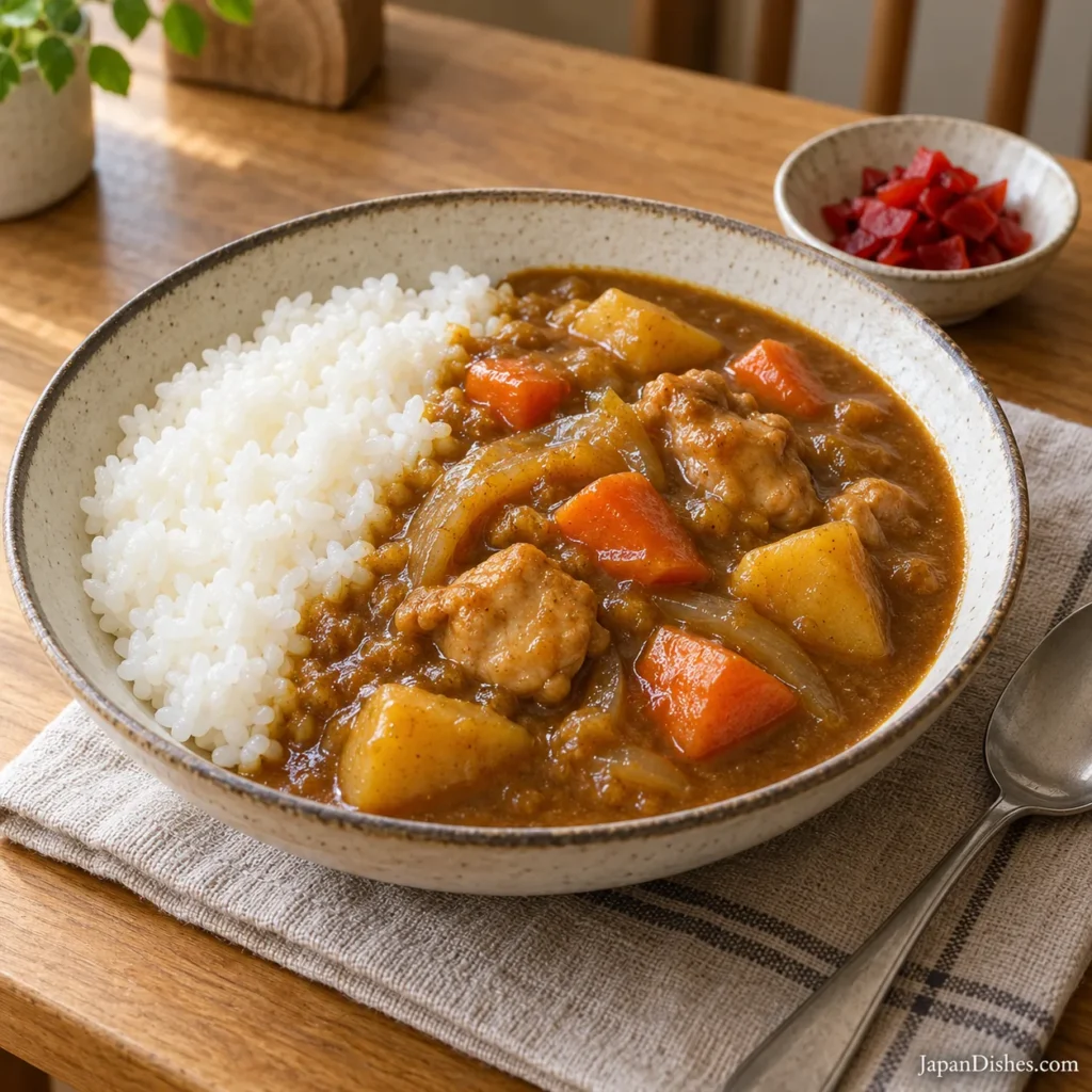 Japanese chicken curry with carrots, potatoes and short-grain rice in a handmade ivory bowl