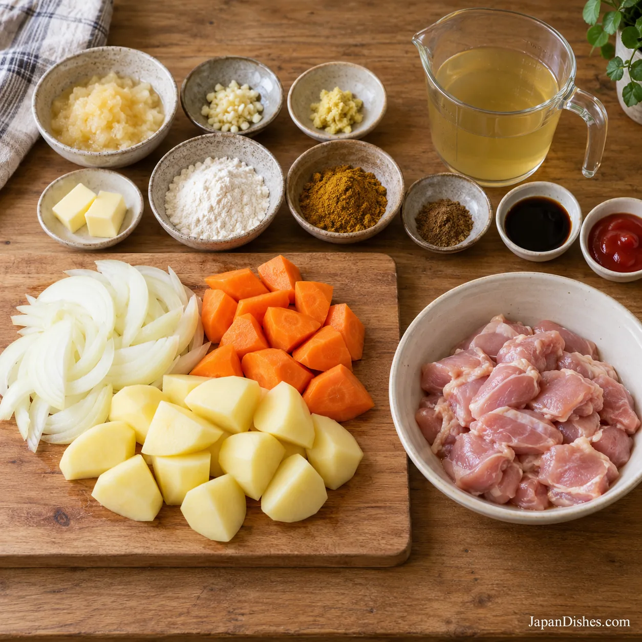 Measured vegetables, chicken and homemade roux ingredients for Japanese chicken curry