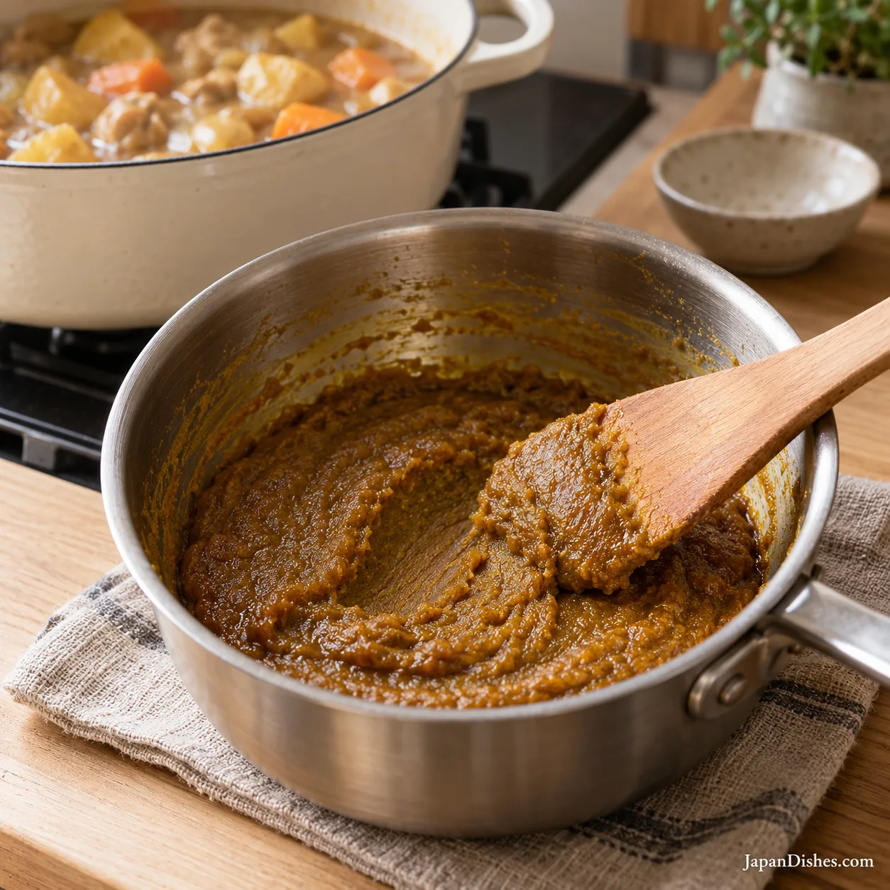 Homemade butter, flour and curry-spice roux in a small stainless saucepan