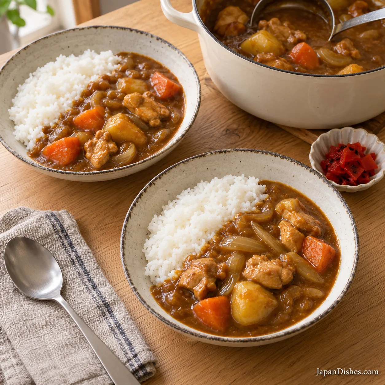 Two bowls of Japanese chicken curry and rice beside the pot of finished curry