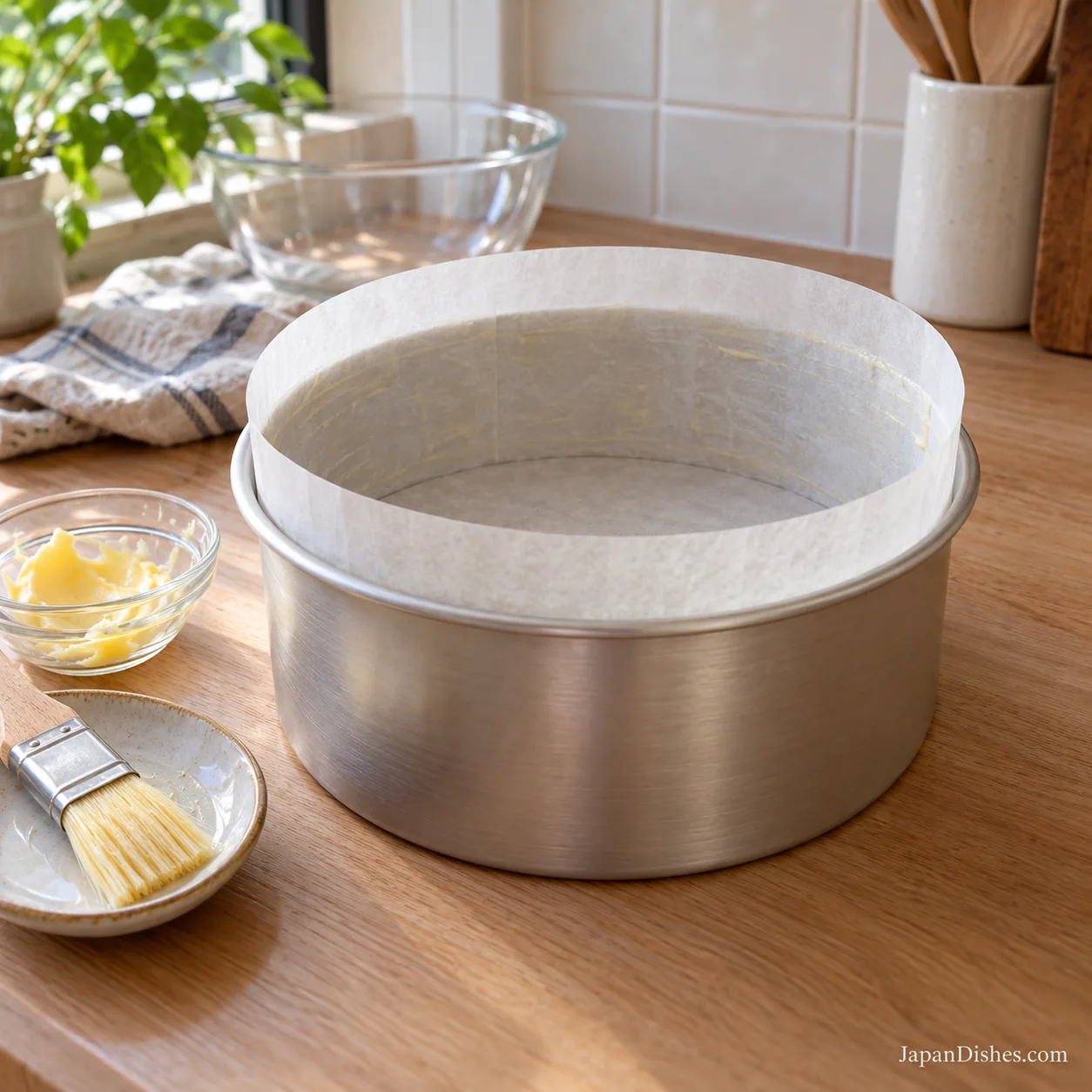 Deep solid-bottom cake pan lined with buttered parchment
