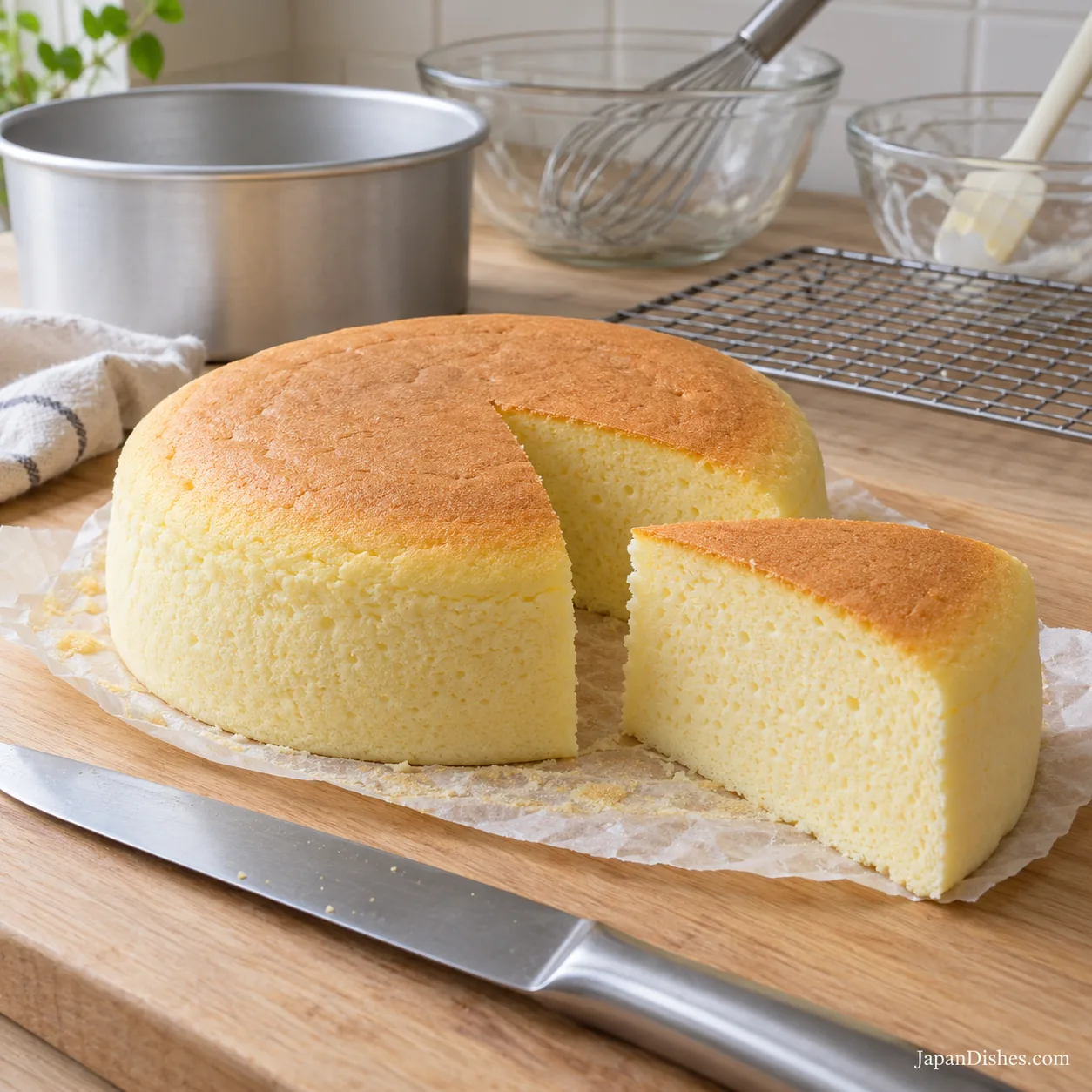 Cooled cotton cheesecake sliced to reveal its fine crumb
