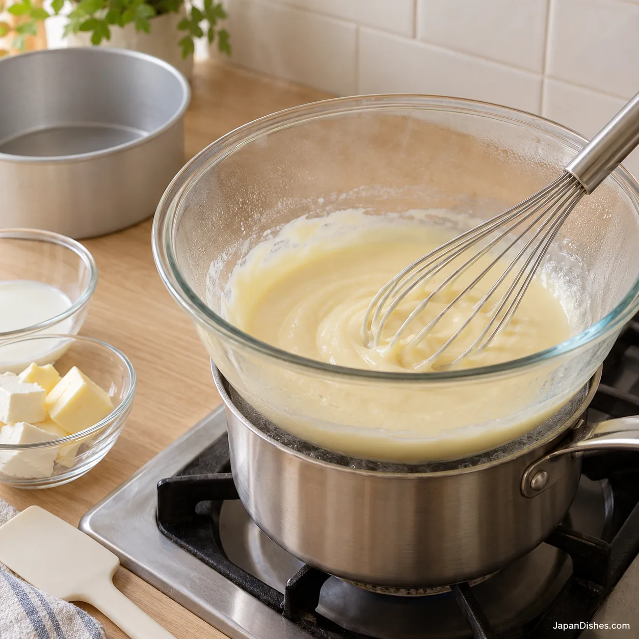 Cream cheese, butter and milk whisked over gently steaming water