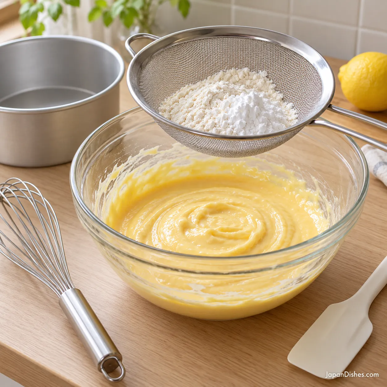 Flour and cornstarch sifted over pale yellow cheesecake batter