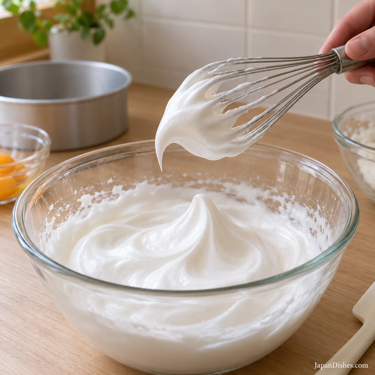 Glossy meringue on a whisk with a bending tip