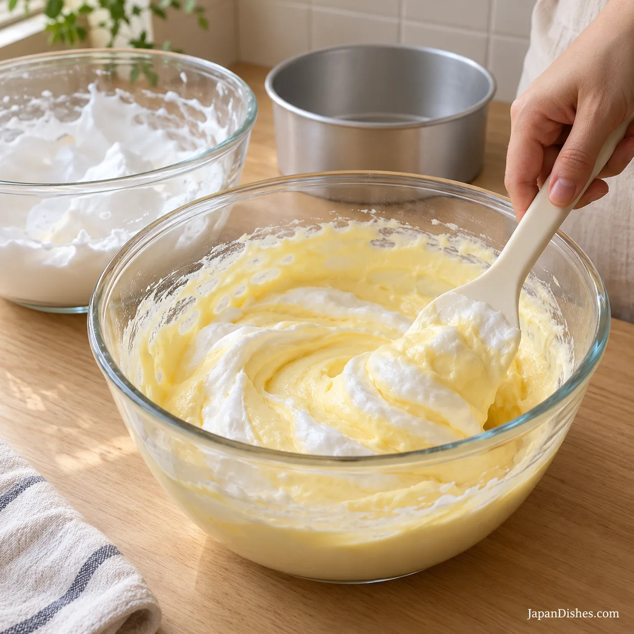 White meringue folded into yellow cheesecake batter with a spatula