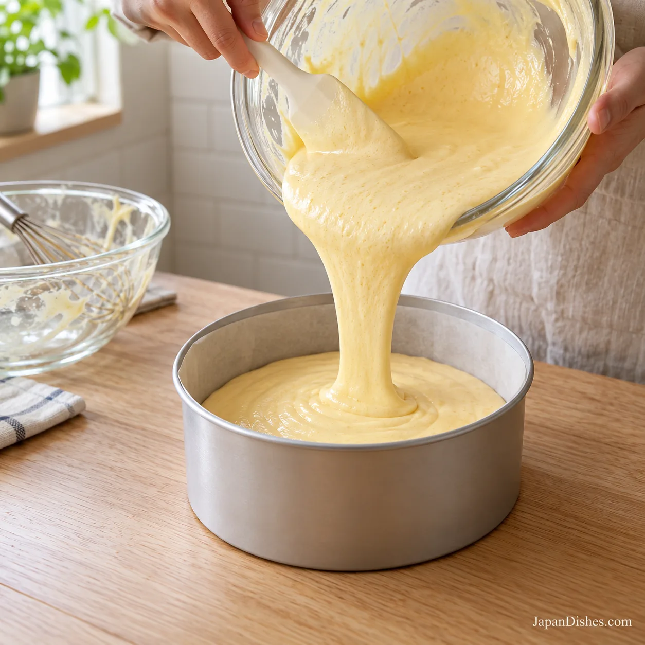 Airy cheesecake batter poured into a lined cake tin