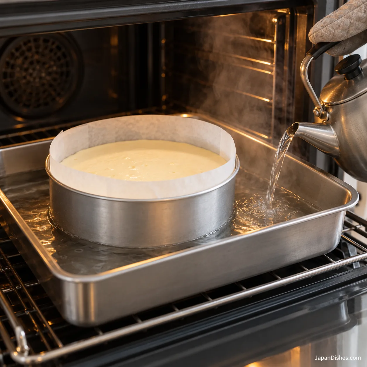 Hot water poured into the outer roasting tray around the cake pan