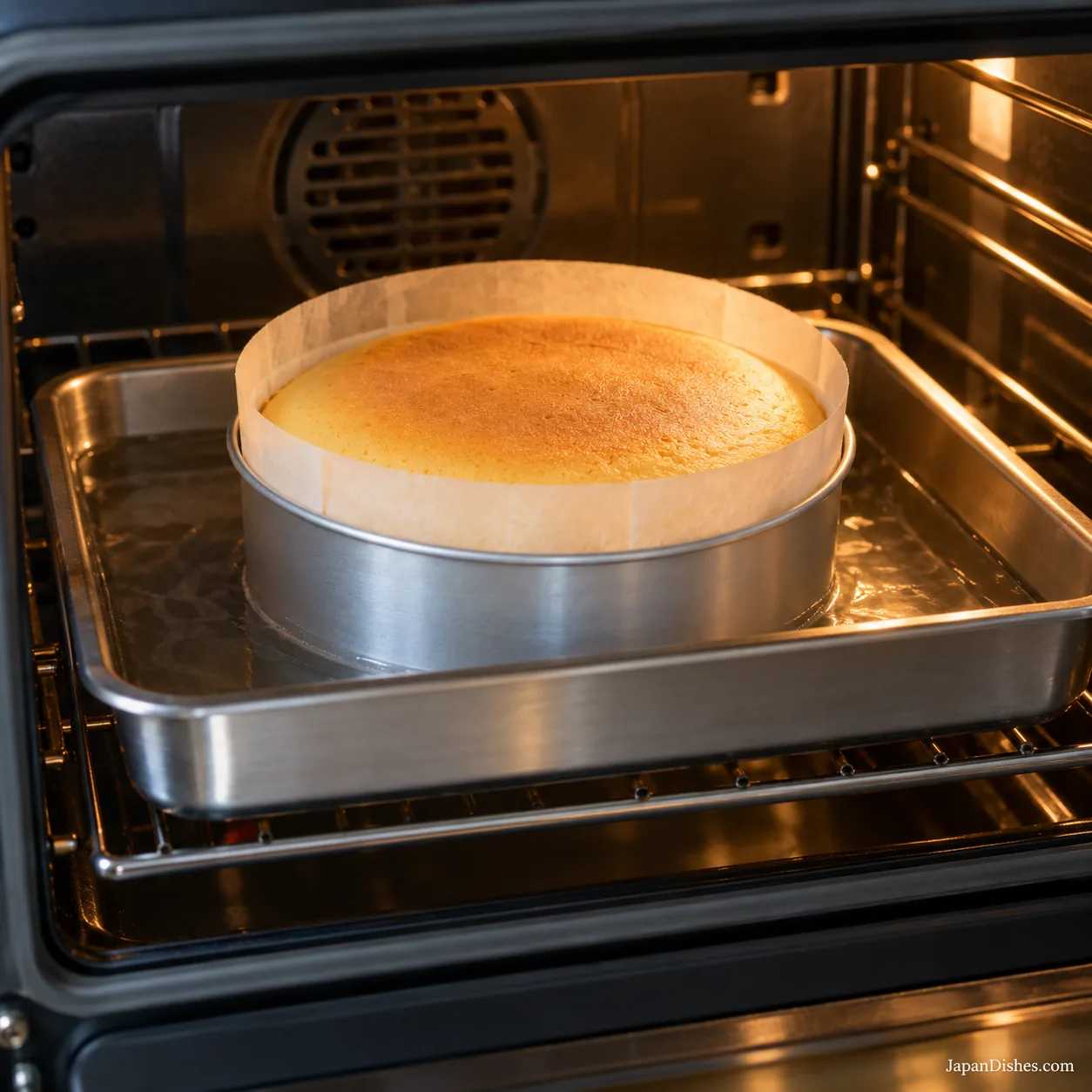 Japanese cotton cheesecake baking in its water bath