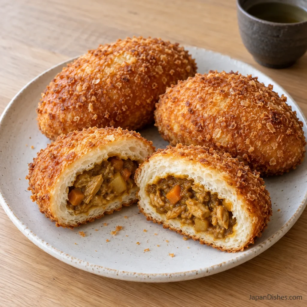Golden Japanese curry bread with crisp panko and a cut bun showing chicken curry filling