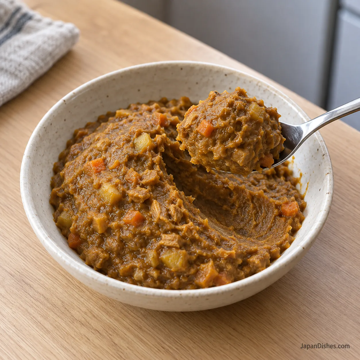 Cold thick curry paste holding its shape on a spoon with a clear channel in the bowl
