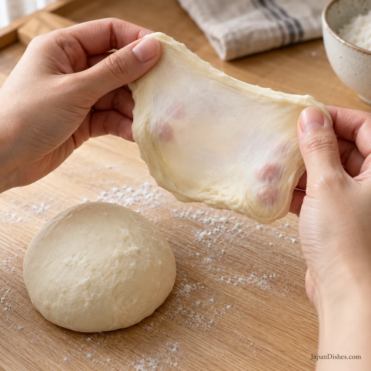 Hands stretching a small piece of dough into a translucent windowpane above a smooth dough ball