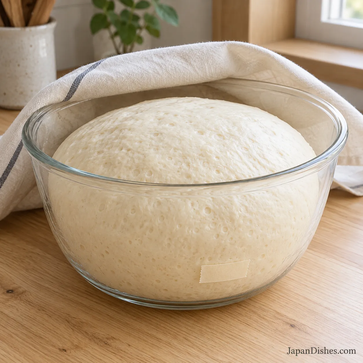 Puffy risen bread dough in a glass bowl with its cover pulled back