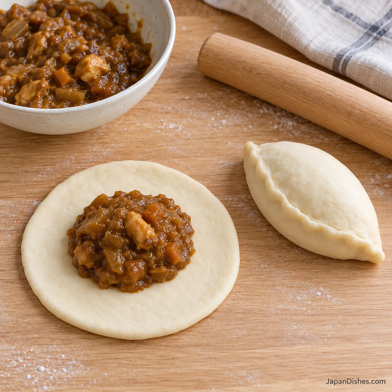 Dough circle with curry centered inside a clean border beside a tightly sealed half-moon bun