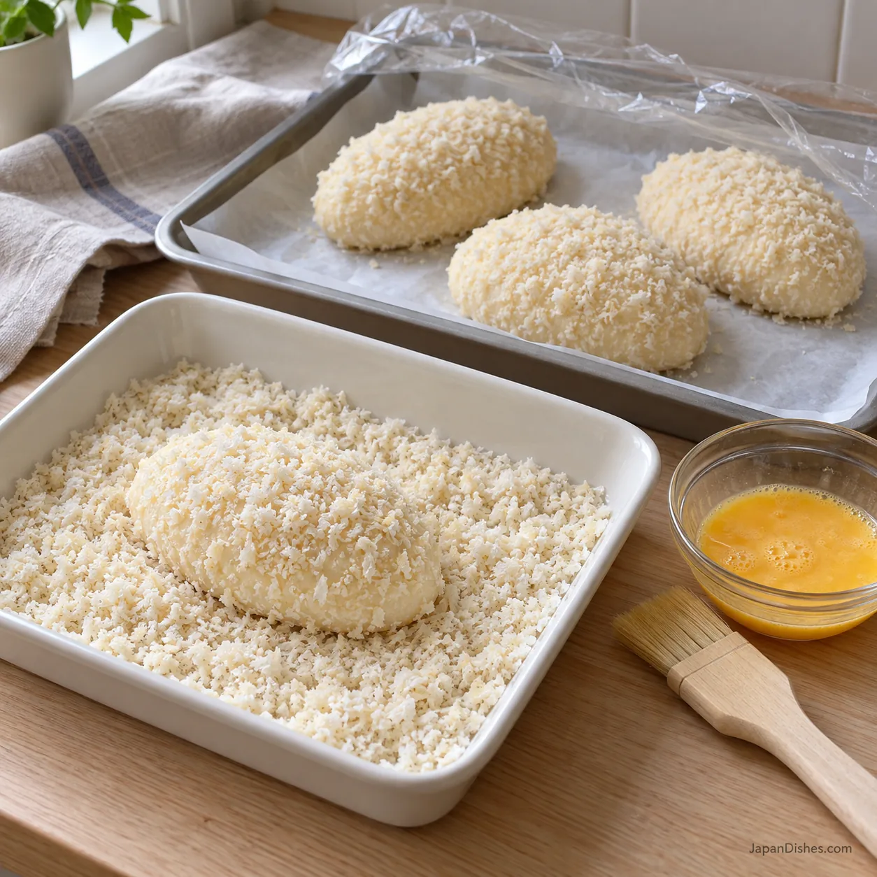 Raw curry bread coated in pale panko with beaten egg beside a tray of proofing buns