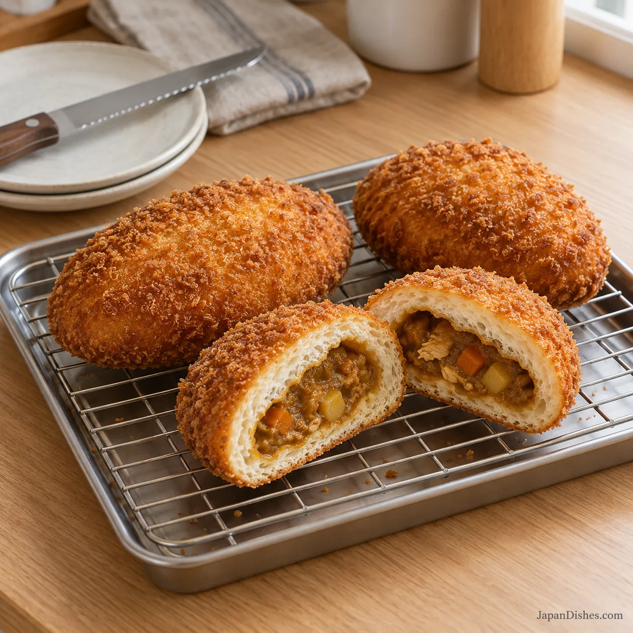 Golden curry bread on a wire rack with a cut bun showing cooked bread around curry