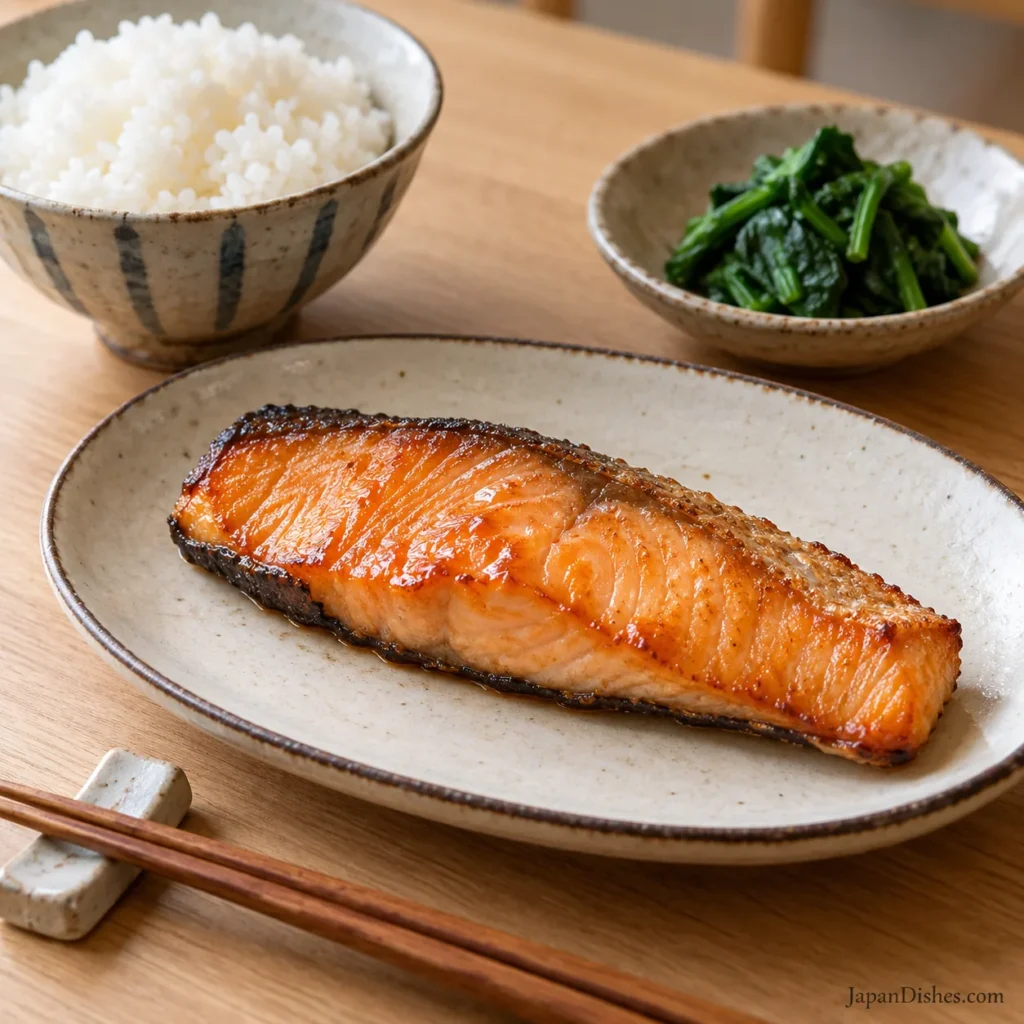 Mirin salmon with a light soy-mirin glaze on an ivory Japanese plate beside rice and spinach